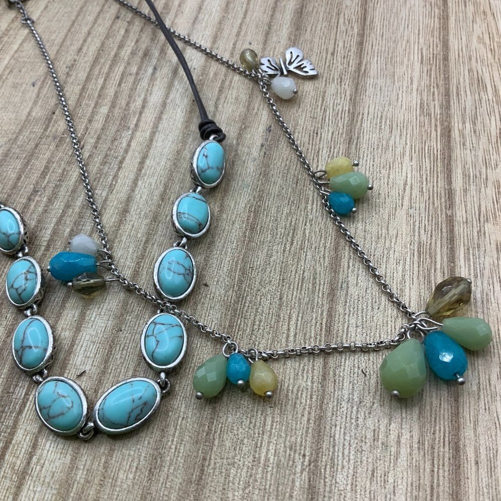 Fossil BUNDLE Faux Turquoise Beaded Silver Tone Necklaces